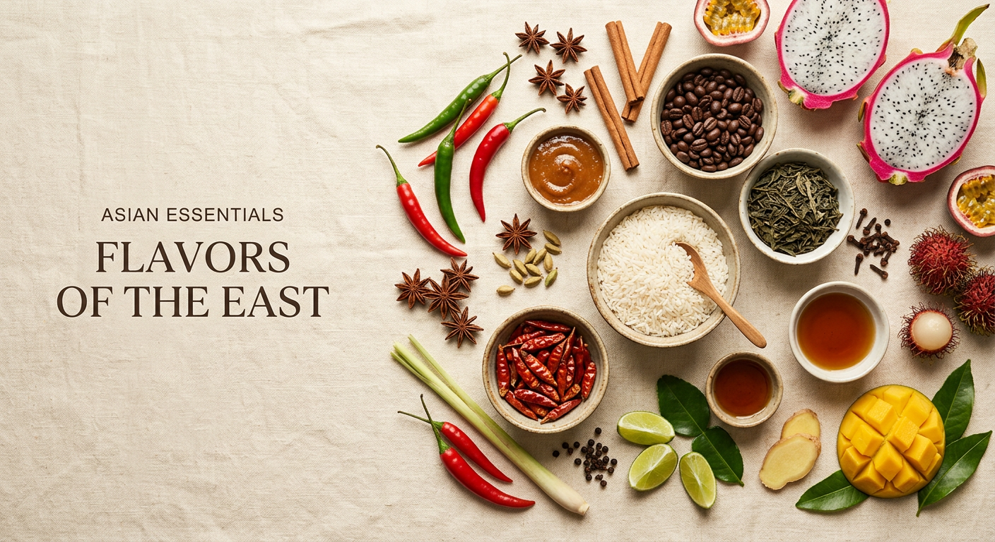 Flat lay of authentic Asian ingredients including spices, rice, tropical fruit, and tea
