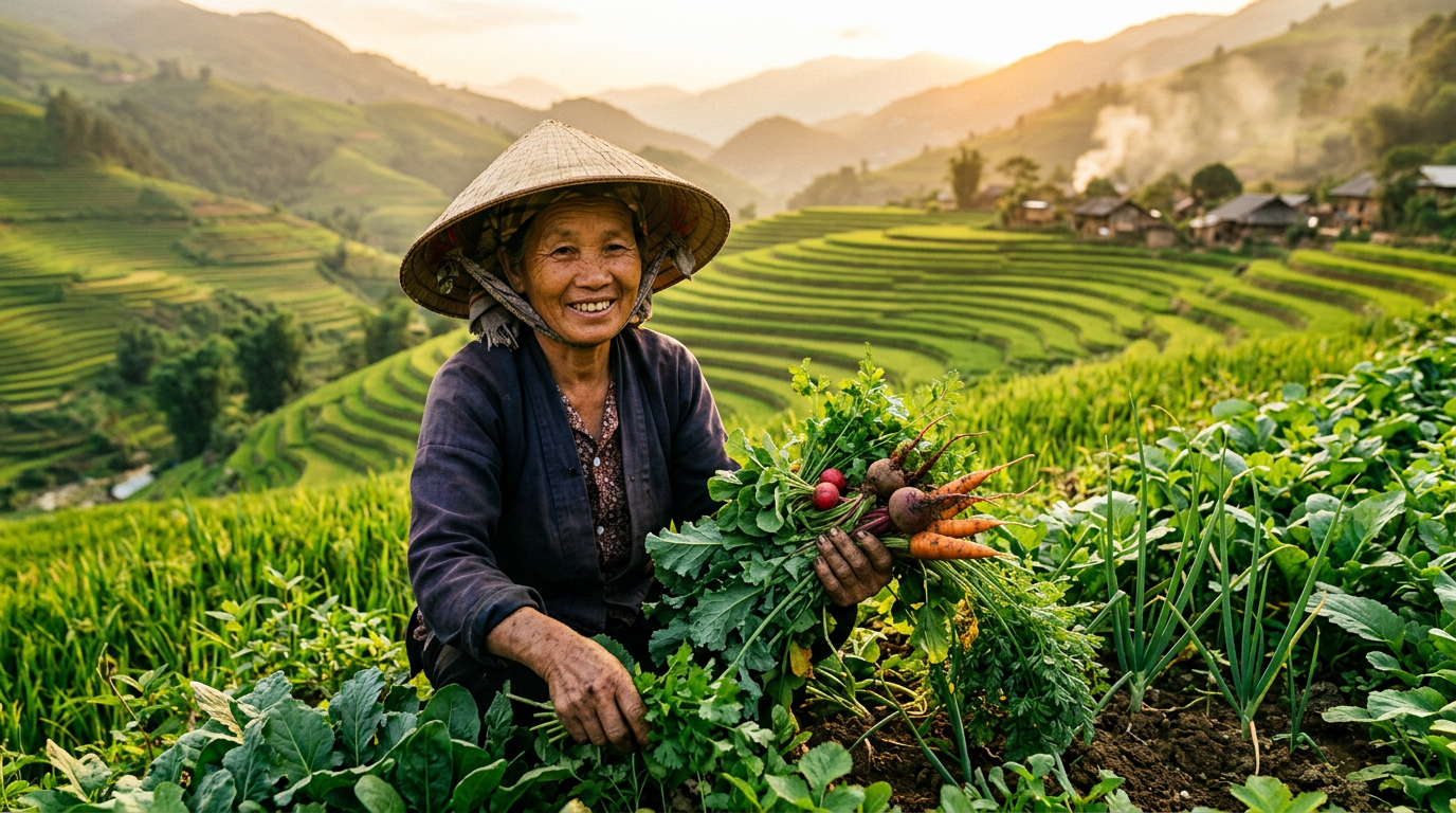 A farmer harvesting fresh produce in a terraced field at golden hour
